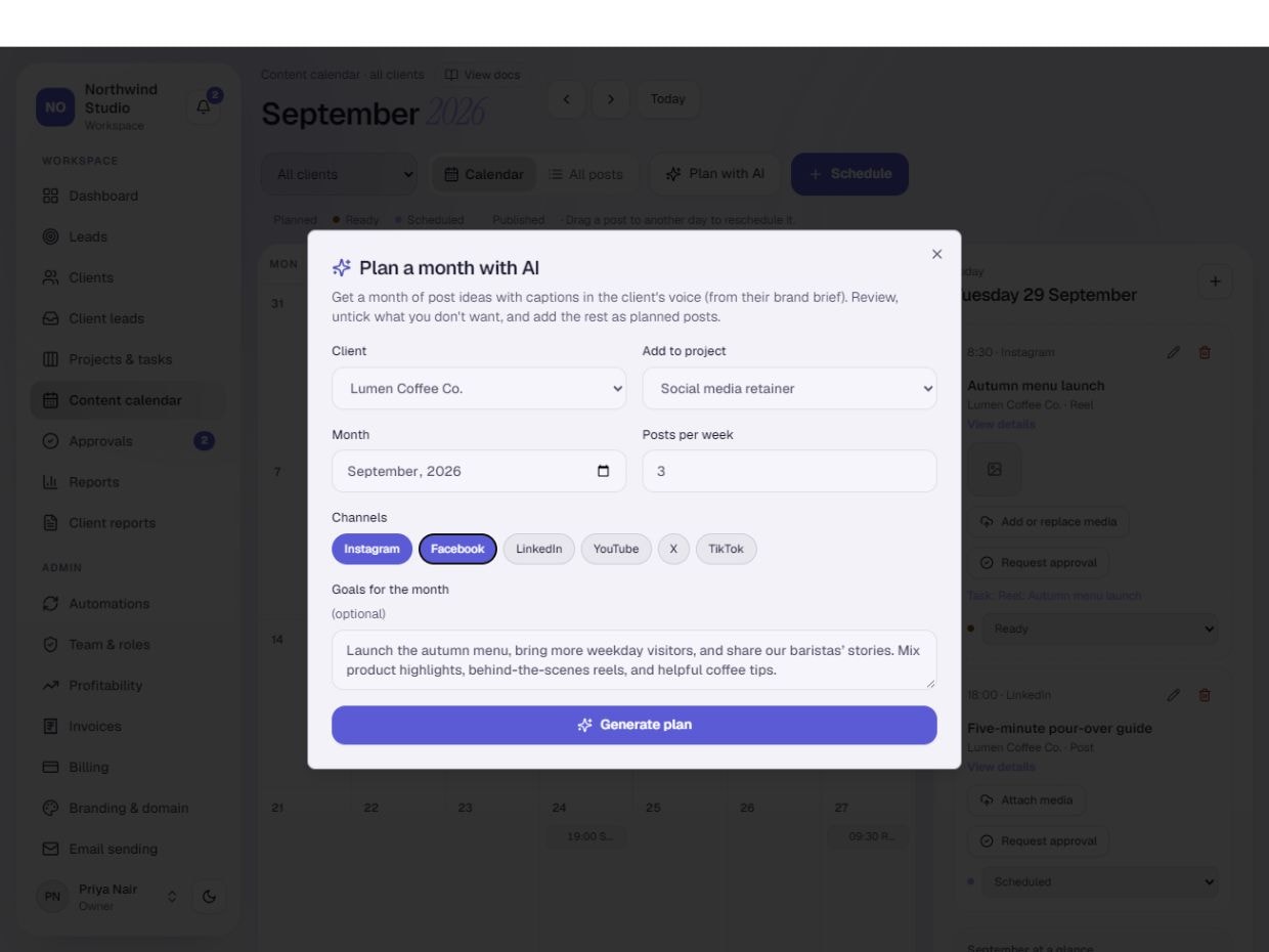 Agency CRM AI content planner with client, month, channel, and campaign goal inputs